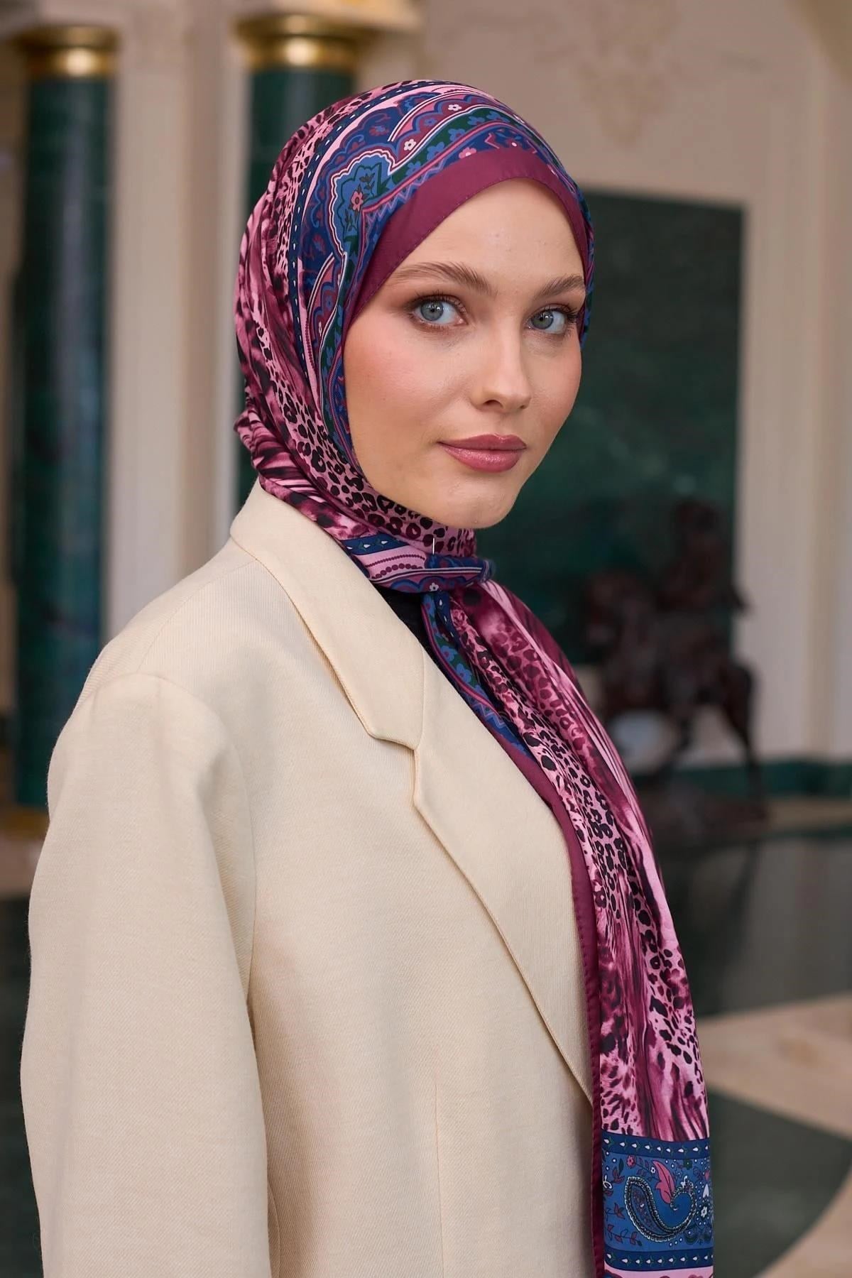 Desenli Vual Şal Mürdüm Vual İpek Şal - 9802-01