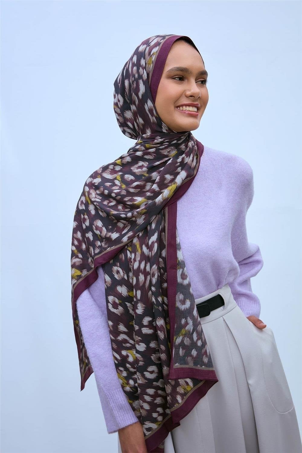 Eco Viscose Leopar Şal Mürdüm Nefes Alan Dokulu 90