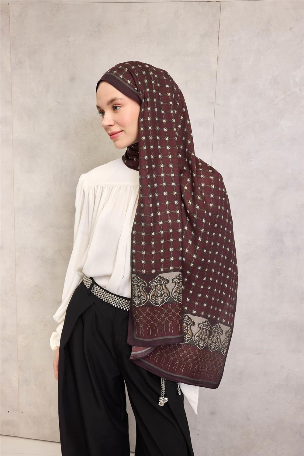 Floş Viskon Organik Şal Bordo Halat Desenli Tok Duruşlu 75x195