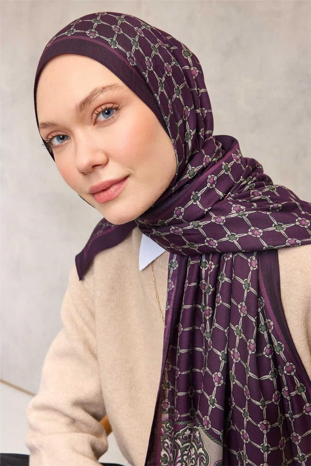 Floş Viskon Organik Şal Koyu Mor Halat Desenli Tok Duruşlu 75x195