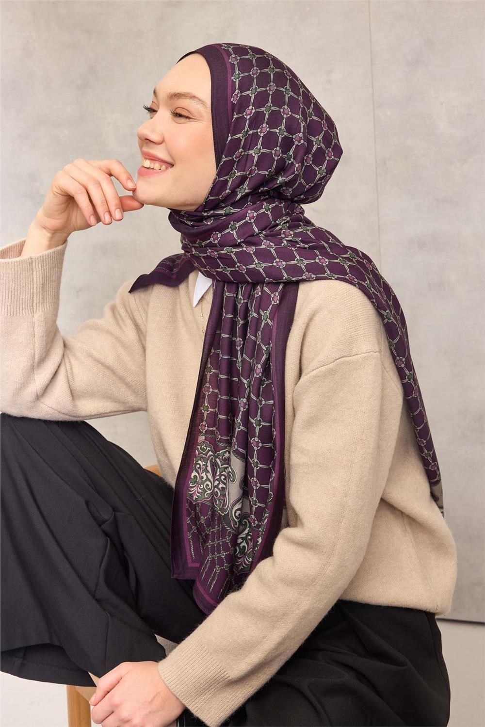 Floş Viskon Organik Şal Koyu Mor Halat Desenli Tok Duruşlu 75x195