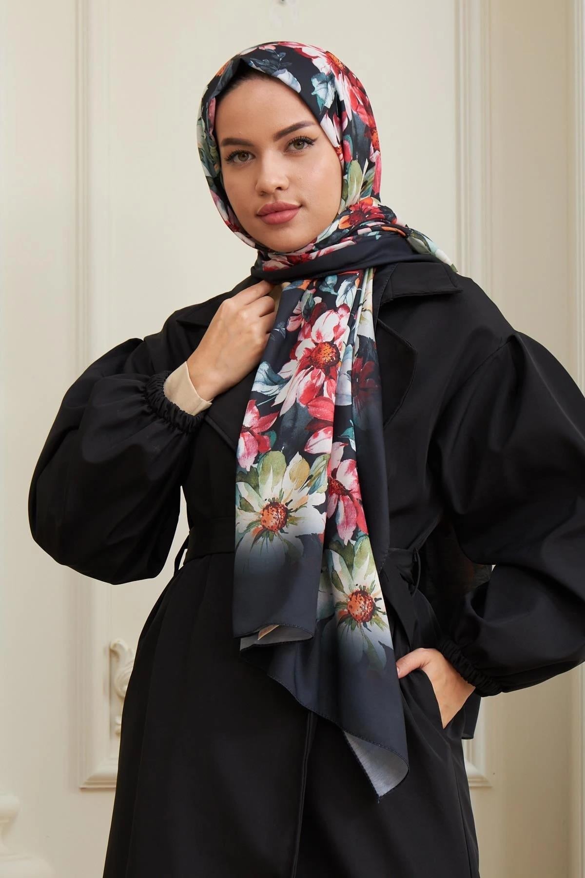 Flowers Desenli Pamuk Şal Siyah