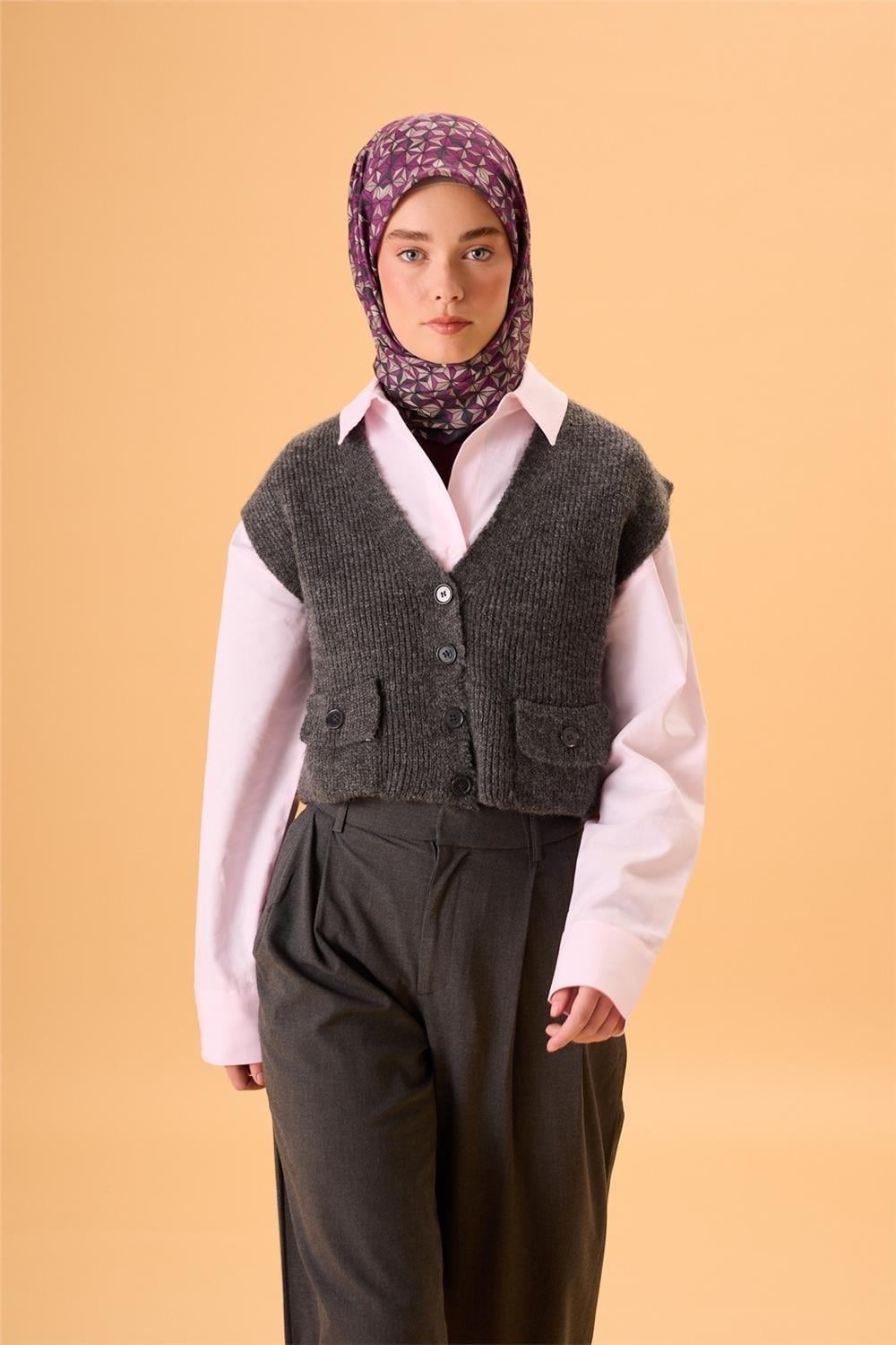 İnce Pamuk Soft Eşarp Antrasit Violet Bej Krem Desenli Kaymaz Dokulu Tok Duruşlu 90x90