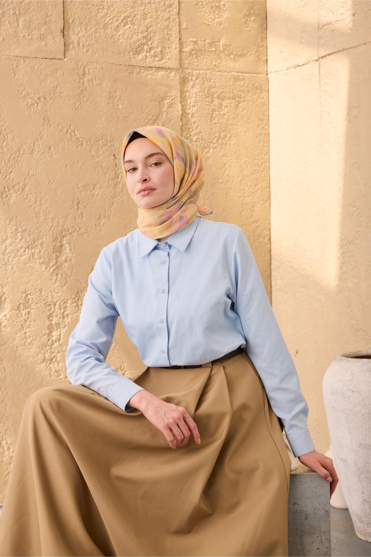 İnce Pamuk Soft Eşarp Bebe Mavi-Sarı-Pembe Desenli Kaymaz Dokulu Tok Duruşlu 90x90