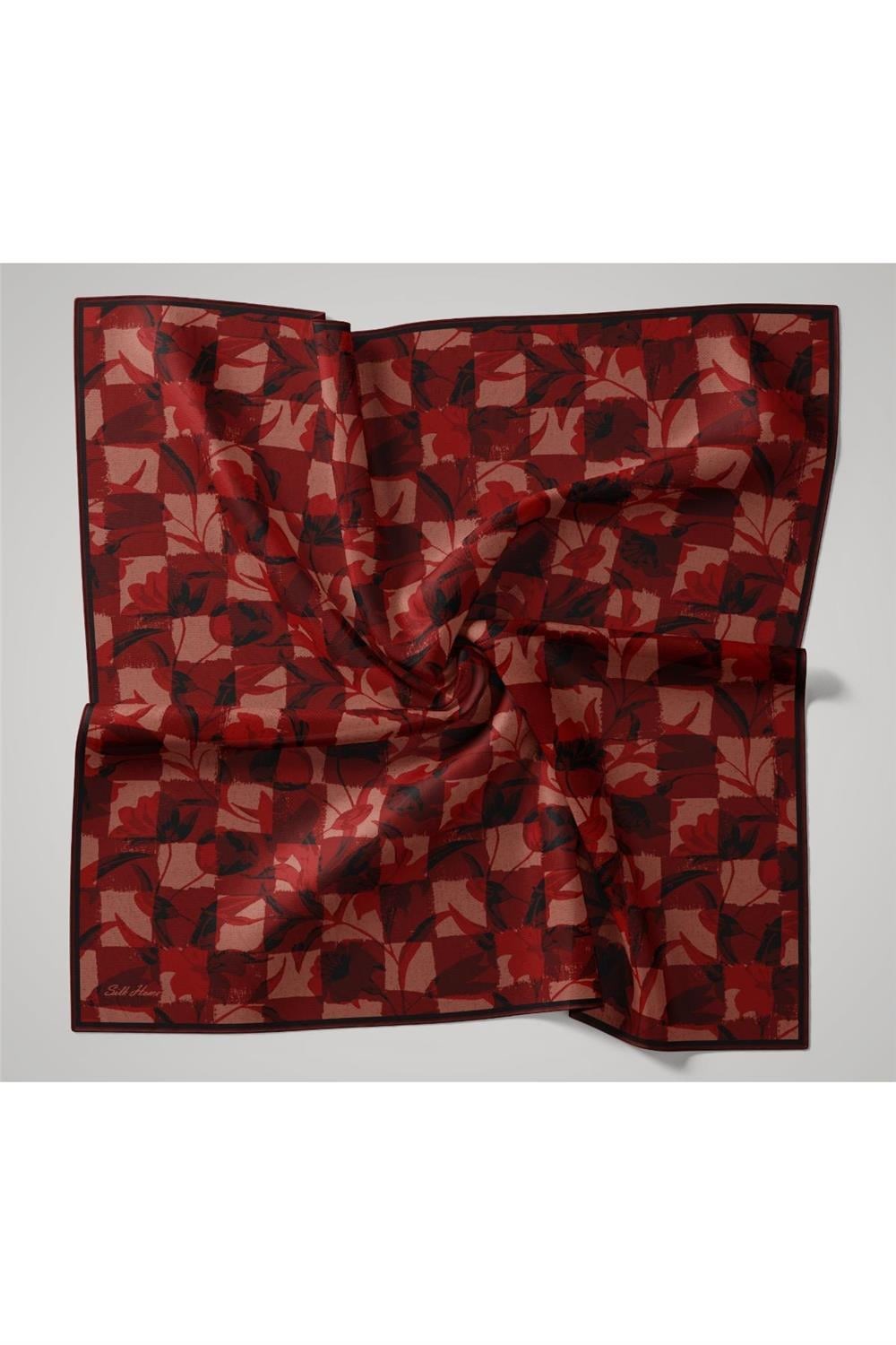 İnce Pamuk Soft Eşarp Bordo-Kırmızı Desenli Kaymaz Dokulu Tok Duruşlu 90x90