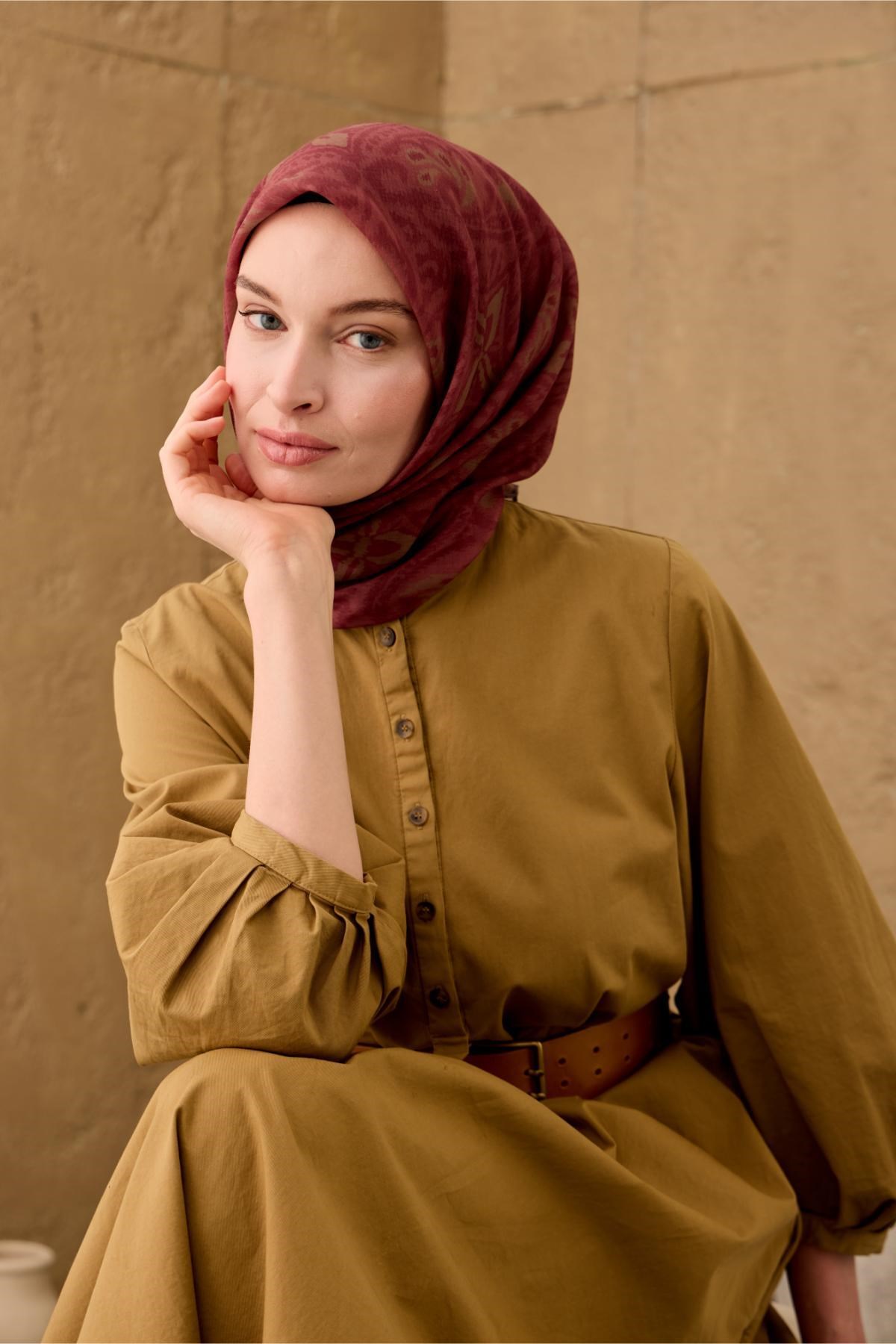İnce Pamuk Soft Eşarp Bordo-Olive-Soluk Bordo Desenli Nefes Alan Tok Duruşlu 90x90
