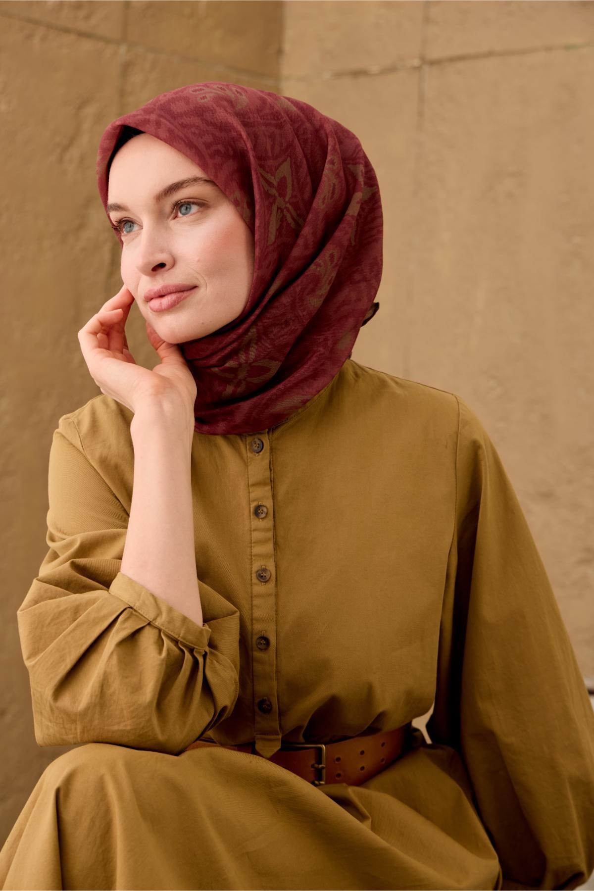 İnce Pamuk Soft Eşarp Bordo-Olive-Soluk Bordo Desenli Nefes Alan Tok Duruşlu 90x90
