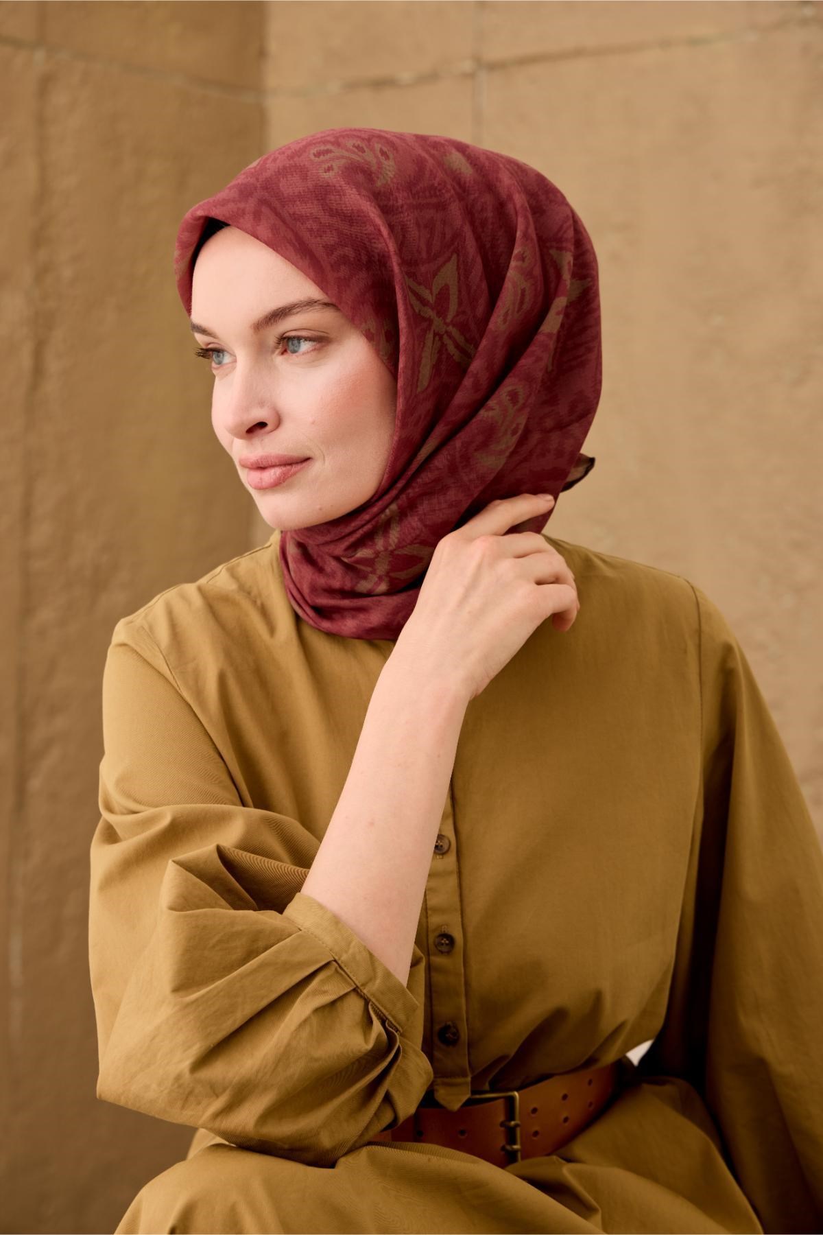 İnce Pamuk Soft Eşarp Bordo-Olive-Soluk Bordo Desenli Nefes Alan Tok Duruşlu 90x90
