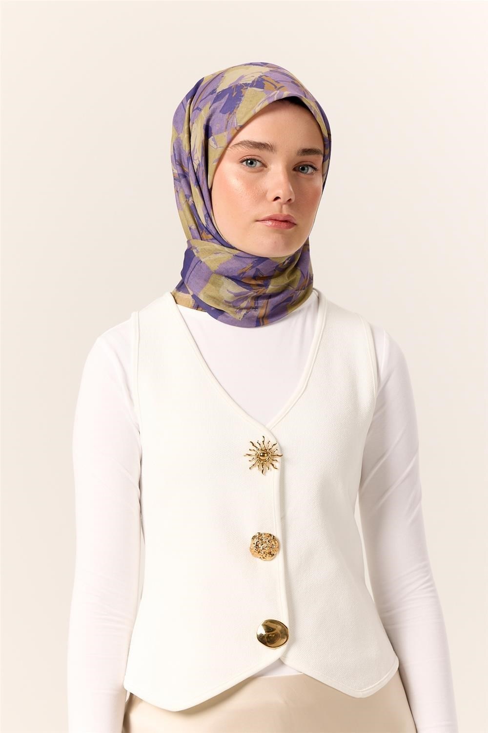 İnce Pamuk Soft Eşarp Eflatun-Mor Desenli Nefes Alan Tok Duruşlu 90x90
