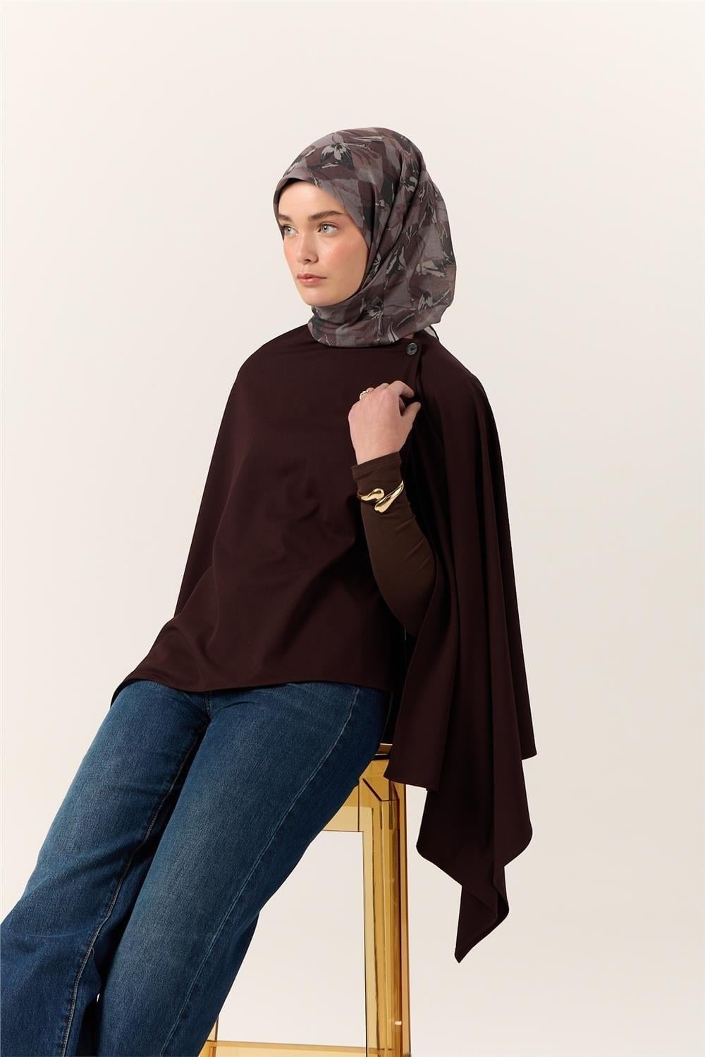 İnce Pamuk Soft Eşarp Kahverengi-Antrasit Desenli Kaymaz Dokulu Tok Duruşlu 90x90