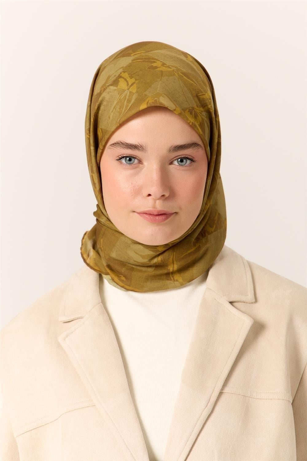 İnce Pamuk Soft Eşarp Kimyon-Yeşil Desenli Nefes Alan Tok Duruşlu 90x90