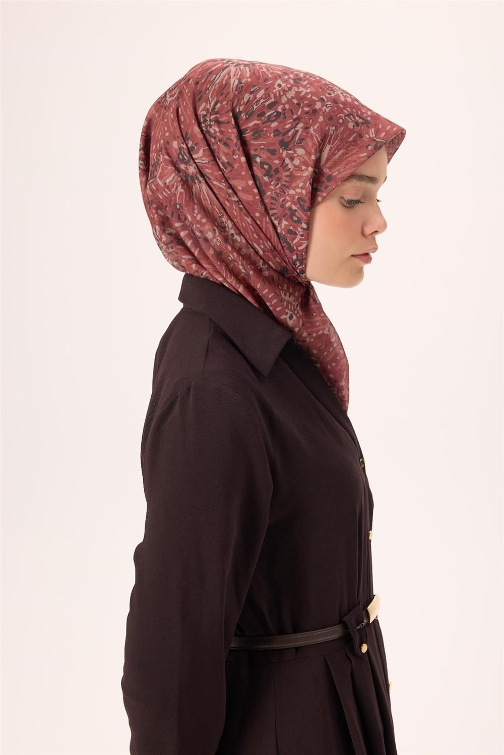 İnce Pamuk Soft Eşarp Kiremit-Bordo Desenli Tok Duruşlu Kaymaz 90x90