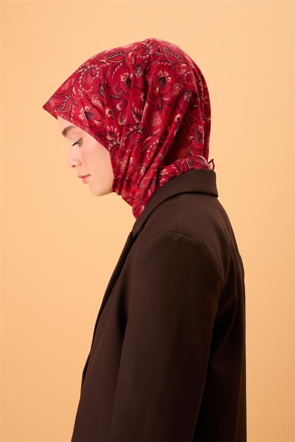 İnce Pamuk Soft Eşarp Koyu Kırmızı-Siyah Desenli Tok Duruşlu 90x90