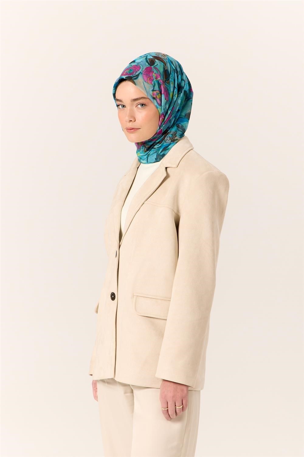 İnce Pamuk Soft Eşarp Mavi-Bebe Mavi Desenli Kaymaz Dokulu Tok Duruşlu 90x90