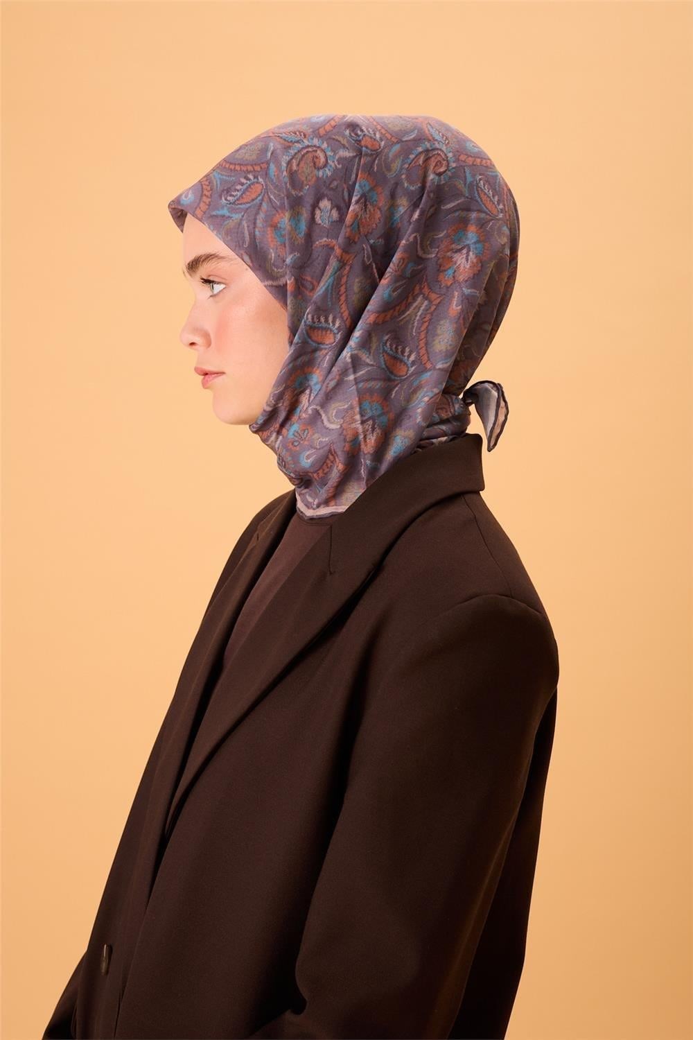 İnce Pamuk Soft Eşarp Mor-Gök Mavi Desenli Tok Duruşlu 90x90