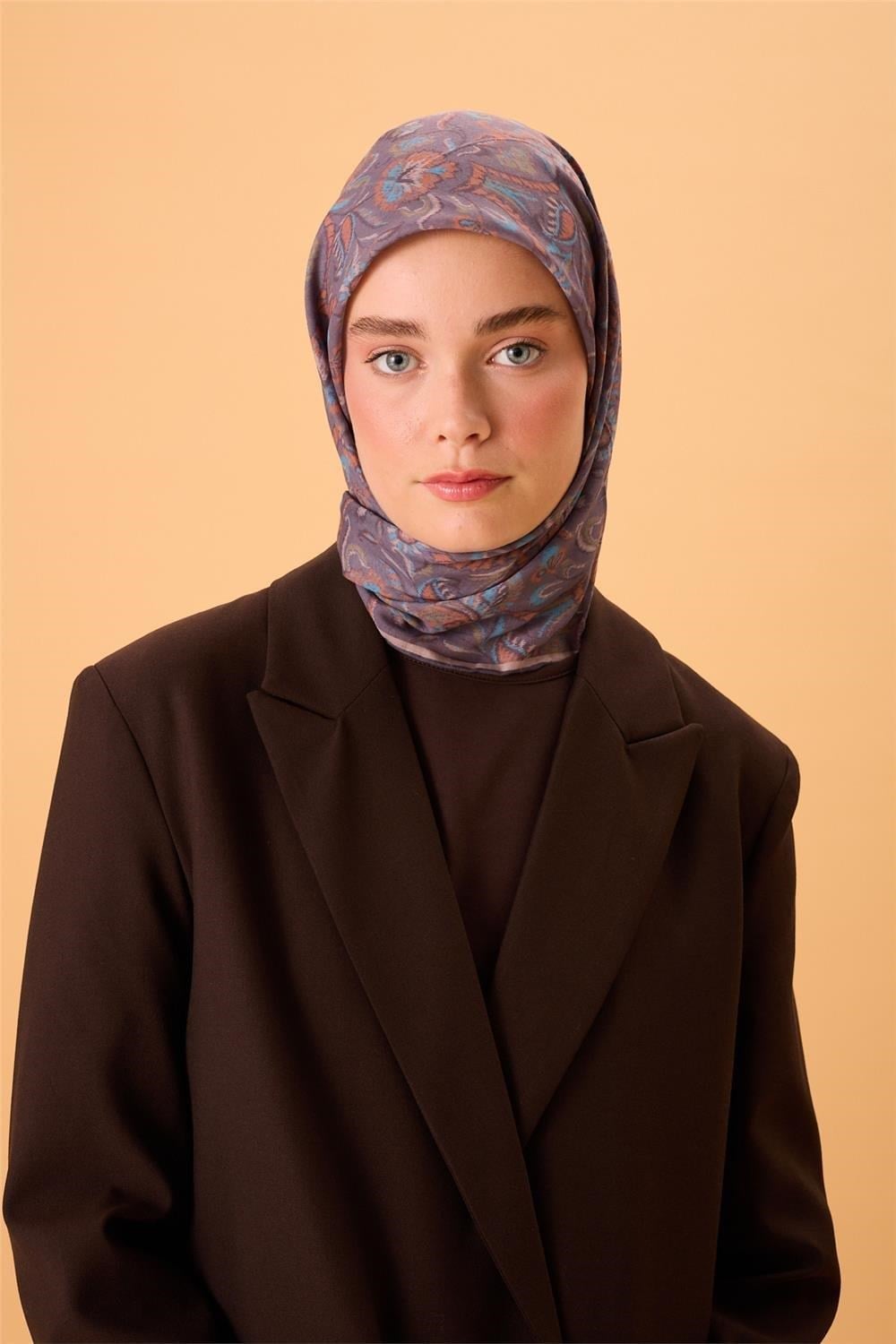 İnce Pamuk Soft Eşarp Mor-Gök Mavi Desenli Tok Duruşlu 90x90