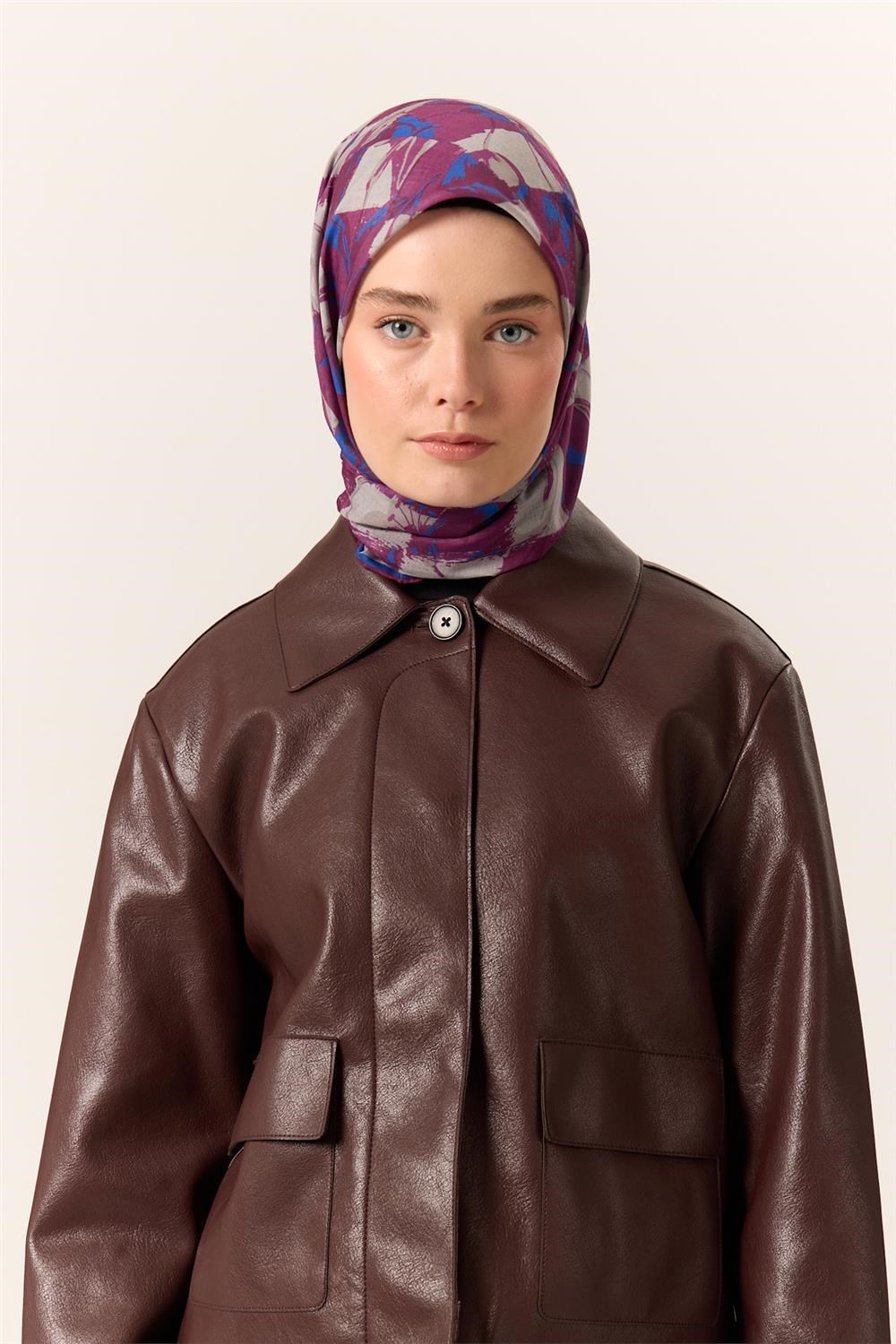 İnce Pamuk Soft Eşarp Mor-Saks Desenli Kaymaz Dokulu Tok Duruşlu 90x90