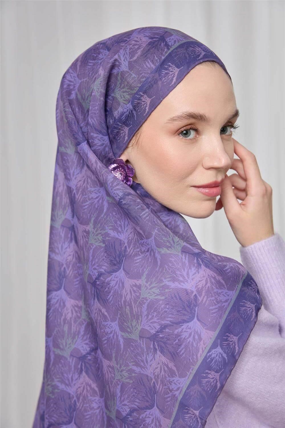 İnce Pamuk Soft Eşarp Mor Yaprak Desenli Hafif Dokulu 90x90