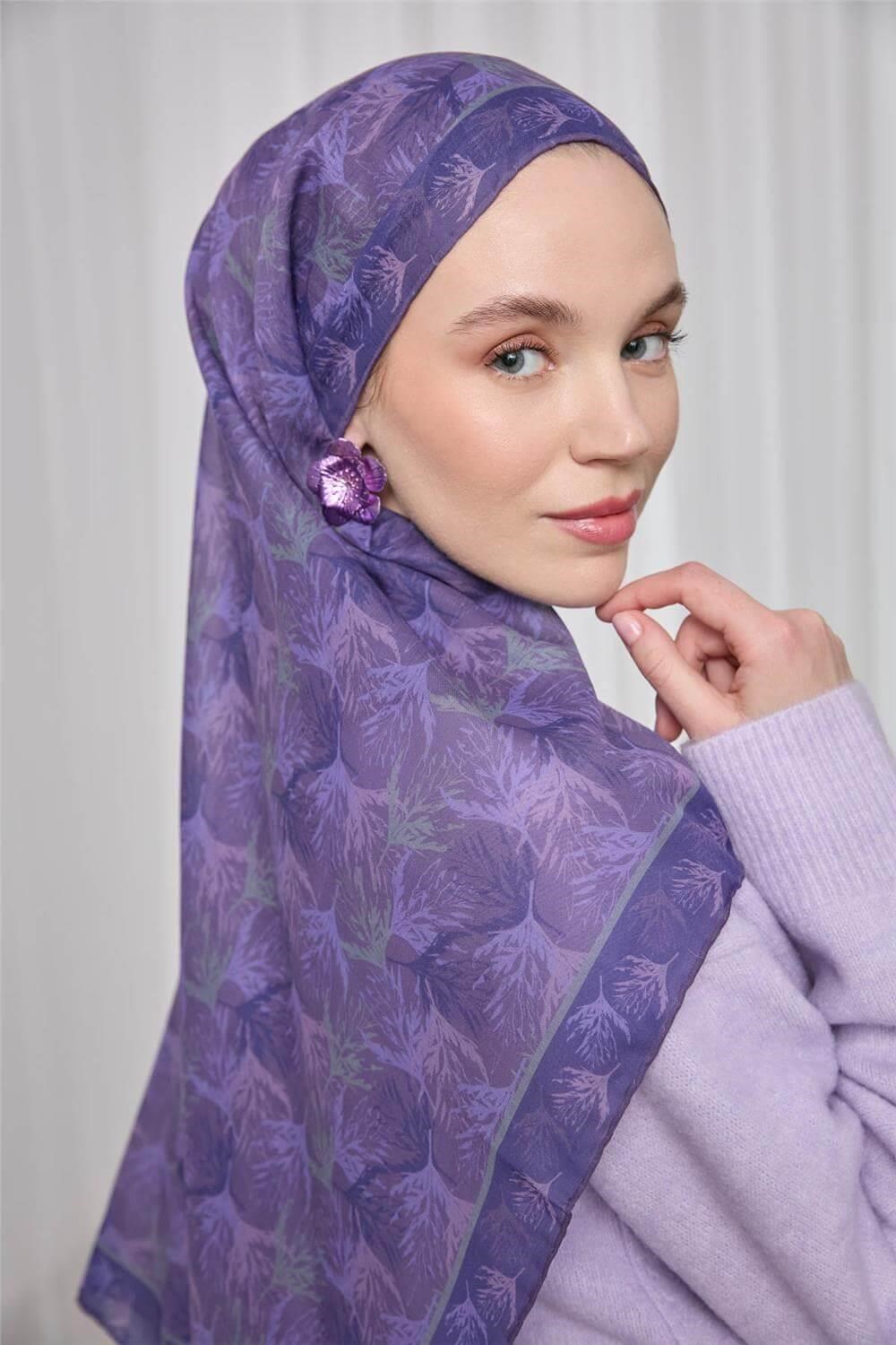 İnce Pamuk Soft Eşarp Mor Yaprak Desenli Hafif Dokulu 90x90