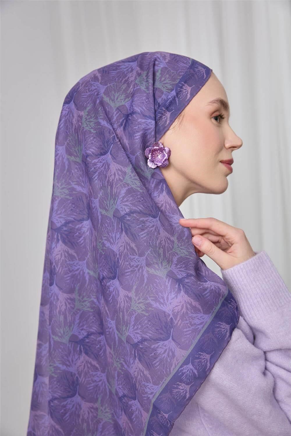 İnce Pamuk Soft Eşarp Mor Yaprak Desenli Hafif Dokulu 90x90