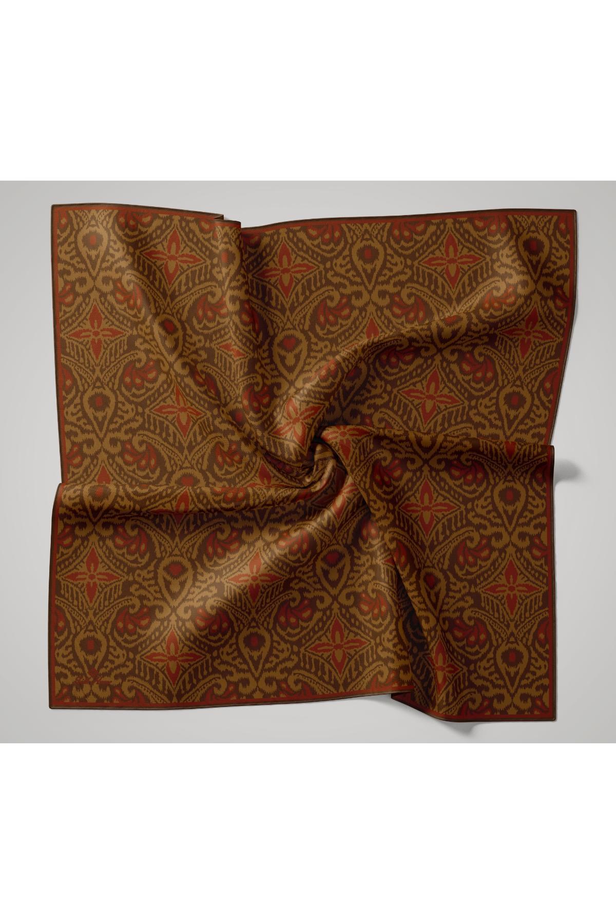 İnce Pamuk Soft Eşarp Olive-Kiremit-Oksit Kahve Desenli Nefes Alan Tok Duruşlu 90x90