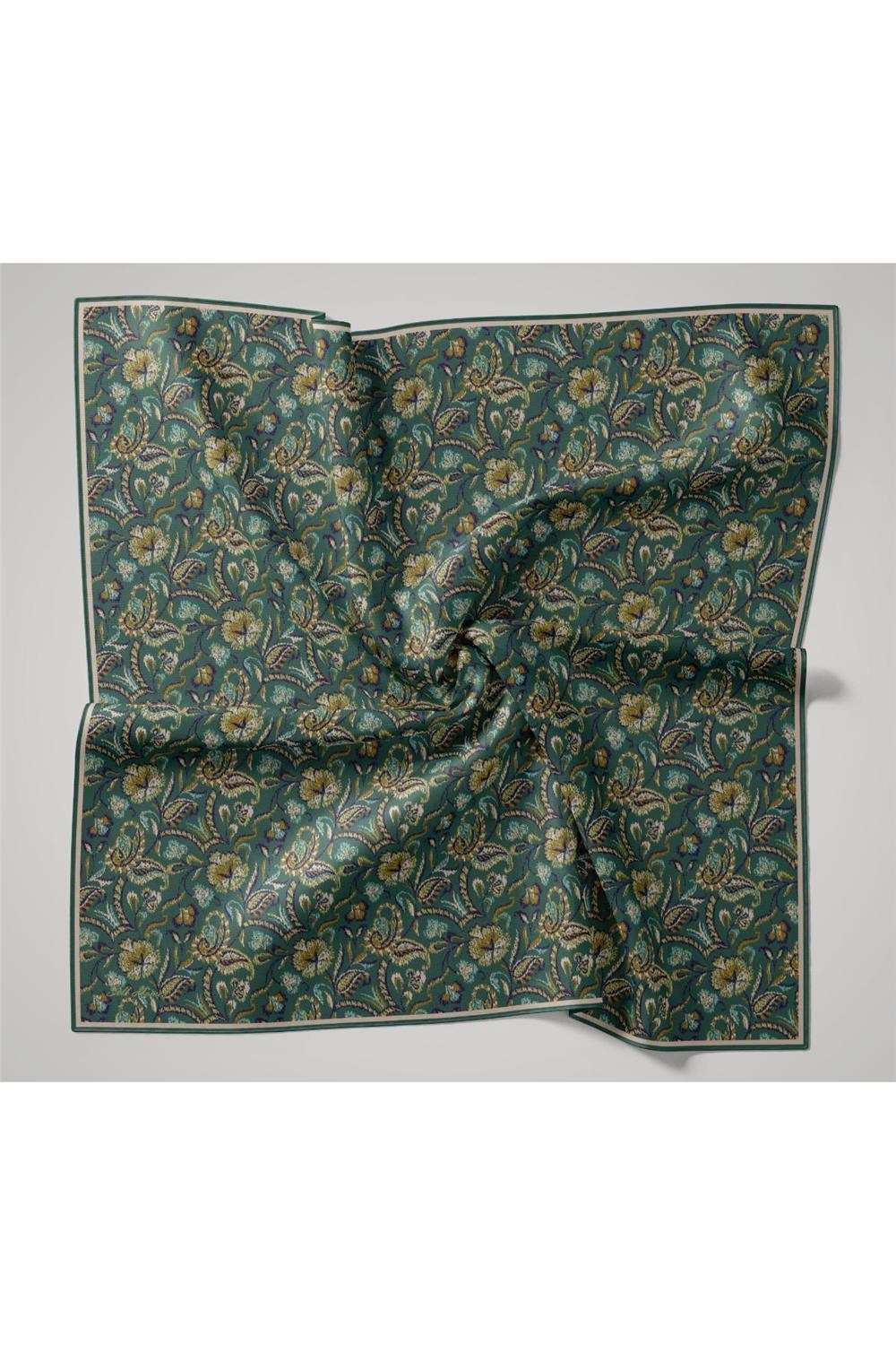 İnce Pamuk Soft Eşarp Patina Yeşili-Butter Yellow Desenli Kaymaz Dokulu Tok Duruşlu 90x90