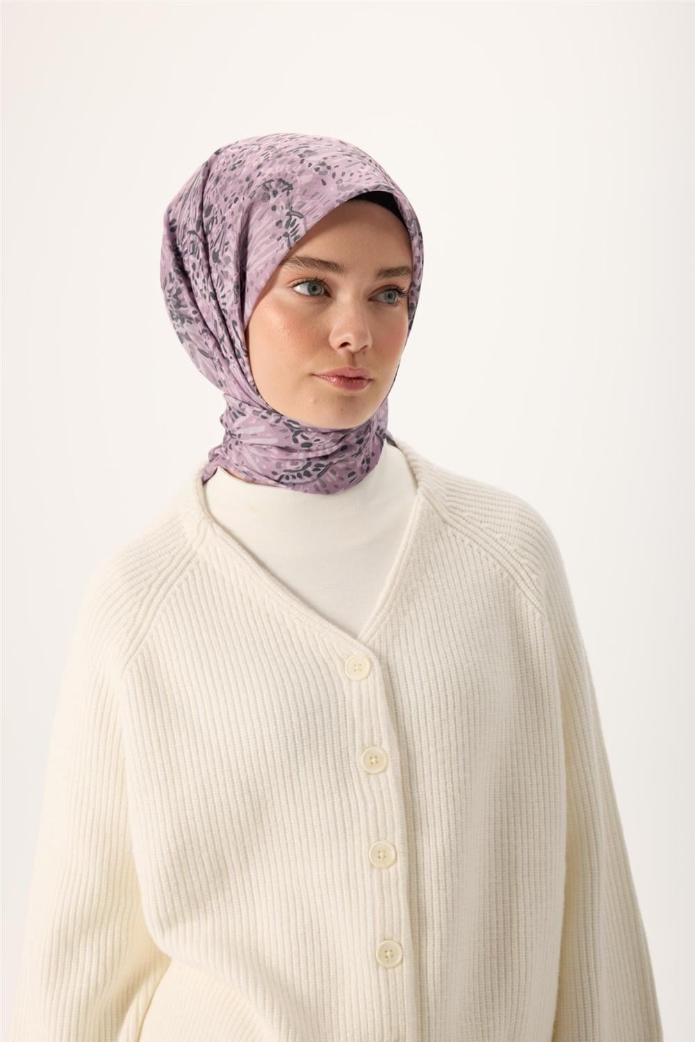 İnce Pamuk Soft Eşarp Pembe-Antrasit Desenli Tok Duruşlu Kaymaz 90x90