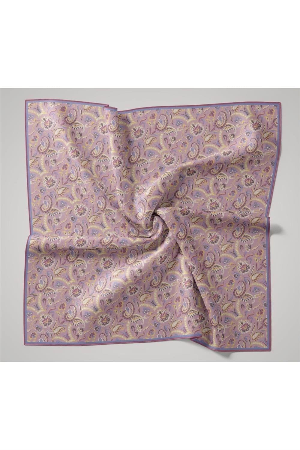 İnce Pamuk Soft Eşarp Pembe-Mavi Lila Desenli Tok Duruşlu 90x90