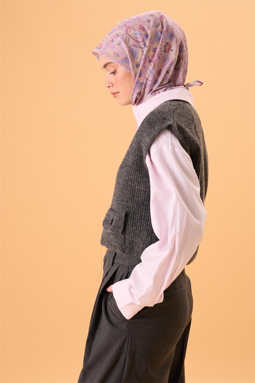 İnce Pamuk Soft Eşarp Pembe-Mavi Lila Desenli Tok Duruşlu 90x90