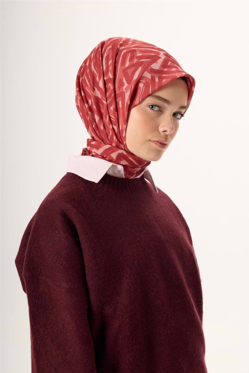 İnce Pamuk Soft Eşarp Pudra Kızıl Turuncu Şeftali Desenli Nefes Alan 90x90