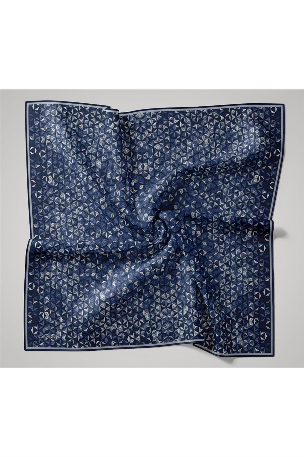 İnce Pamuk Soft Eşarp Saks-Gök Mavi-Buz Mavi-Lacivert Desenli Nefes Alan Kaymaz Dokulu 90x90