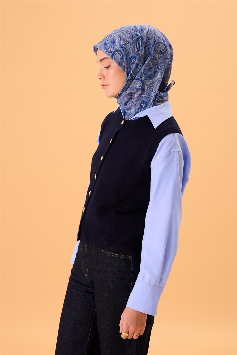 İnce Pamuk Soft Eşarp Saks-İndigo Desenli Tok Duruşlu 90x90