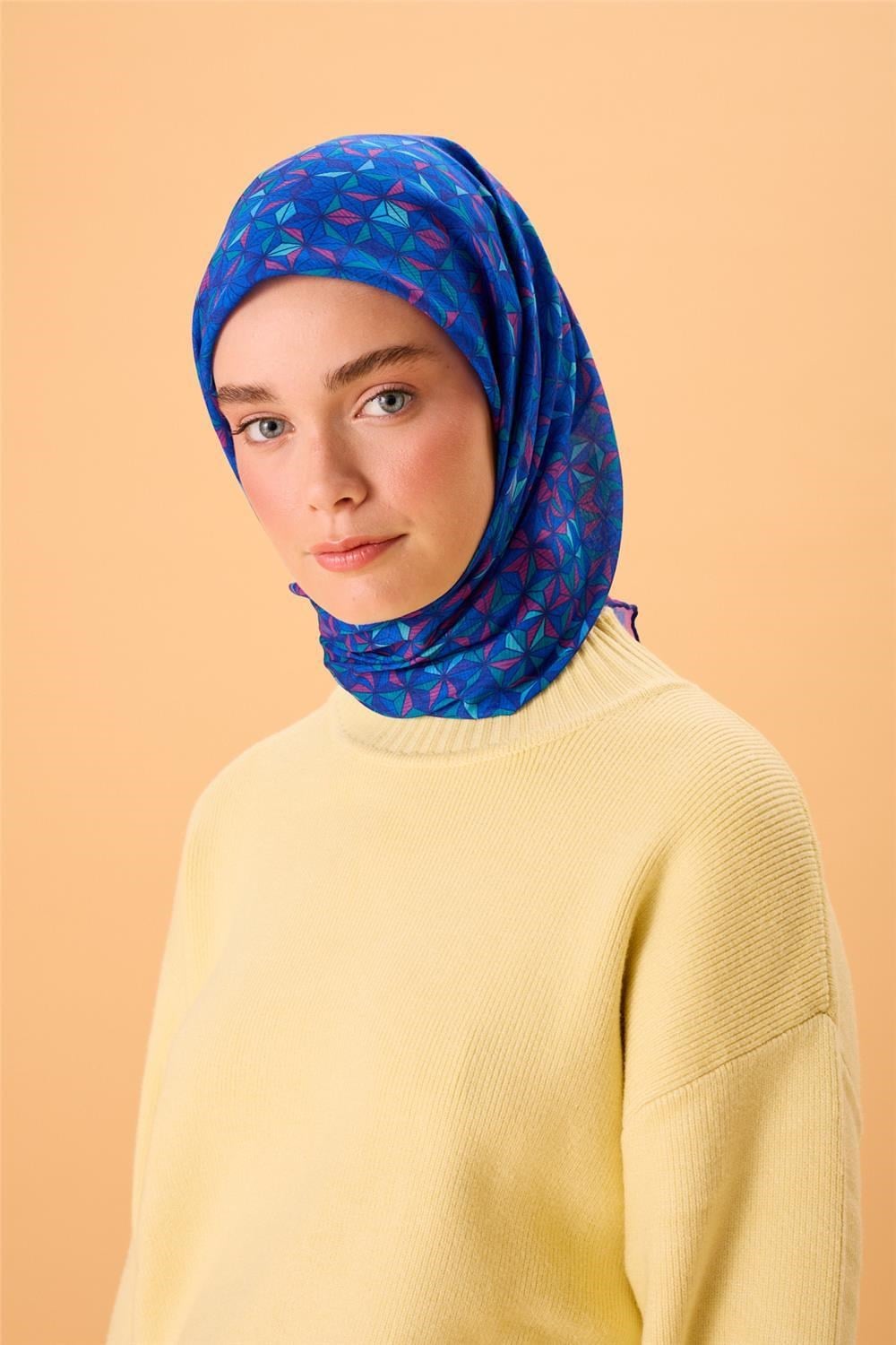 İnce Pamuk Soft Eşarp Saks-Lacivert-Patina-Mint-Fuşya Desenli Nefes Alan Kaymaz Dokulu 90x90