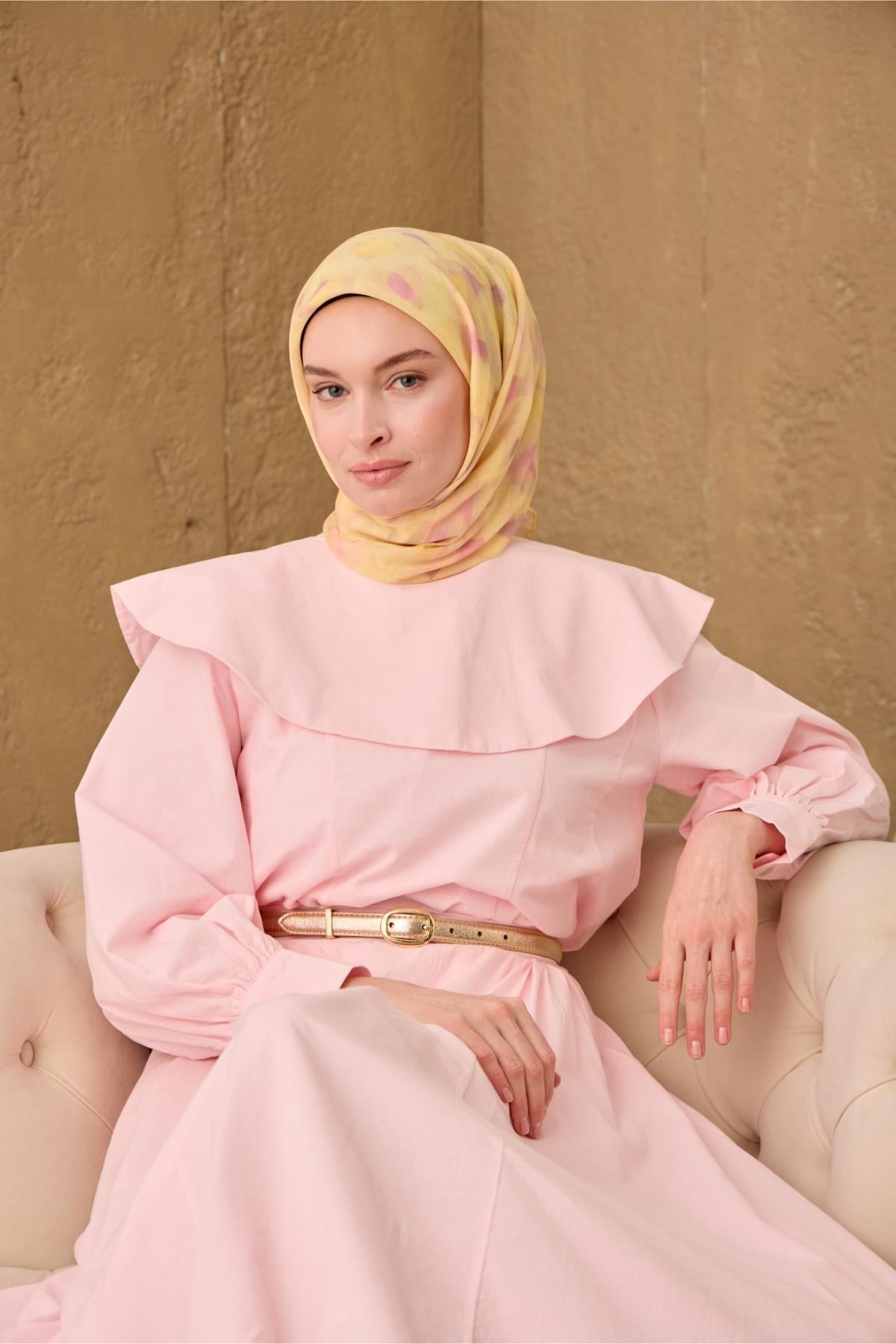İnce Pamuk Soft Eşarp Sarı-Pembe Desenli Nefes Alan Tok Duruşlu 90x90