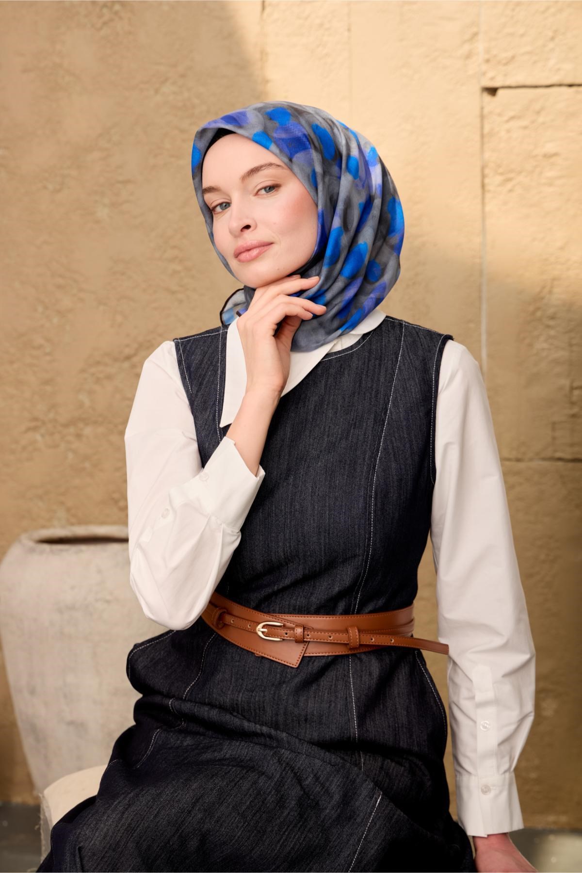 İnce Pamuk Soft Eşarp Siyah-Füme-Gri-Saks Desenli Kaymaz Dokulu Nefes Alan 90x90