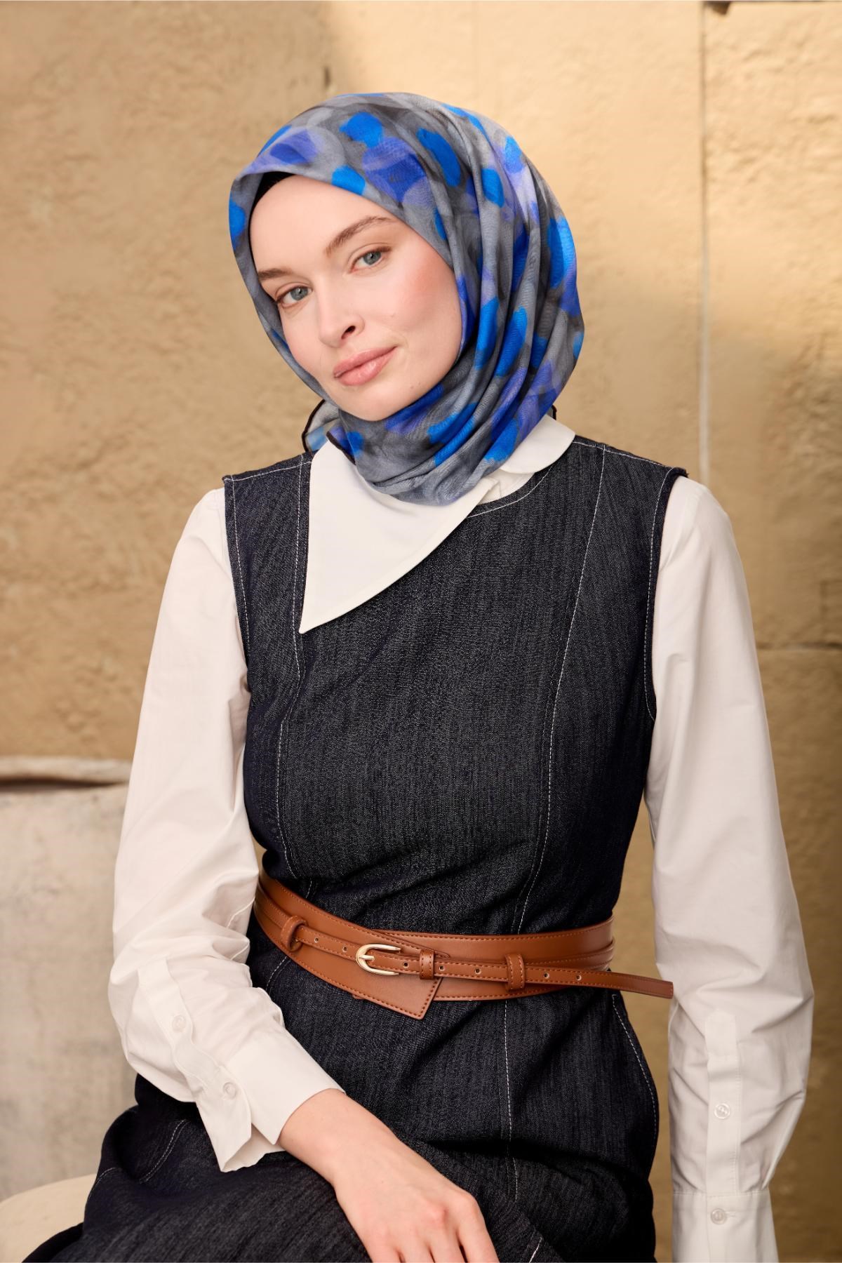 İnce Pamuk Soft Eşarp Siyah-Füme-Gri-Saks Desenli Kaymaz Dokulu Nefes Alan 90x90