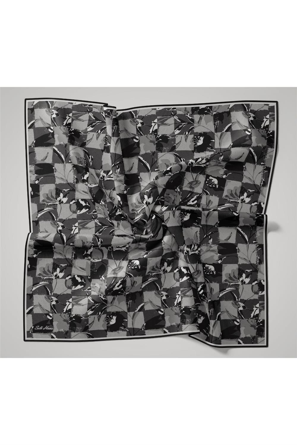 İnce Pamuk Soft Eşarp Siyah-Gri Desenli Kaymaz Dokulu Tok Duruşlu 90x90