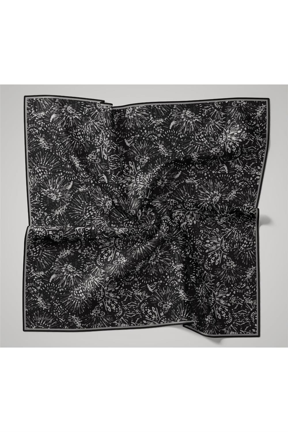 İnce Pamuk Soft Eşarp Siyah-Gümüş Desenli Tok Duruşlu Kaymaz 90x90