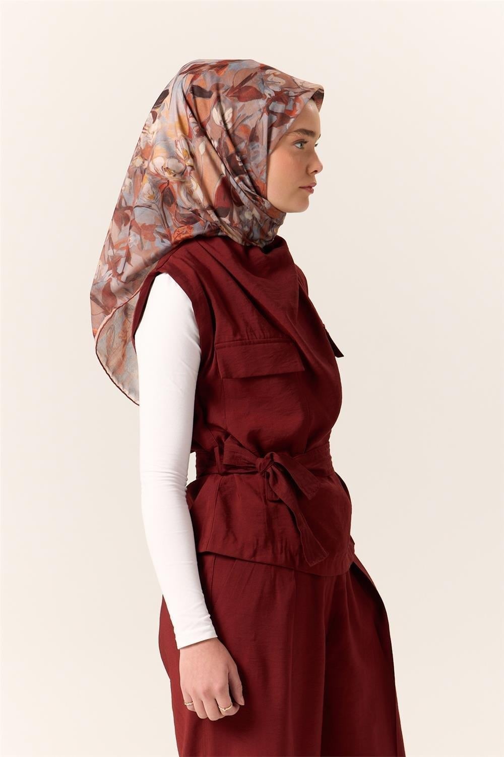 İnce Pamuk Soft Eşarp Taba-Kiremit Desenli Kaymaz Dokulu Tok Duruşlu 90x90