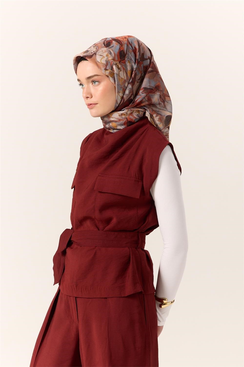 İnce Pamuk Soft Eşarp Taba-Kiremit Desenli Kaymaz Dokulu Tok Duruşlu 90x90