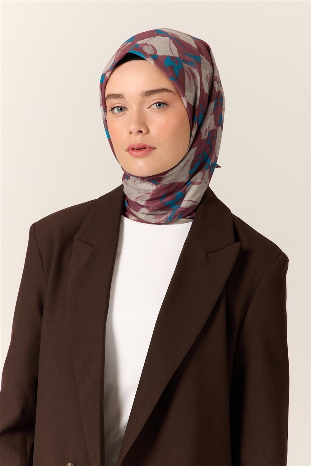 İnce Pamuk Soft Eşarp Turkuaz-Gül Kurusu Desenli Kaymaz Dokulu Tok Duruşlu 90x90