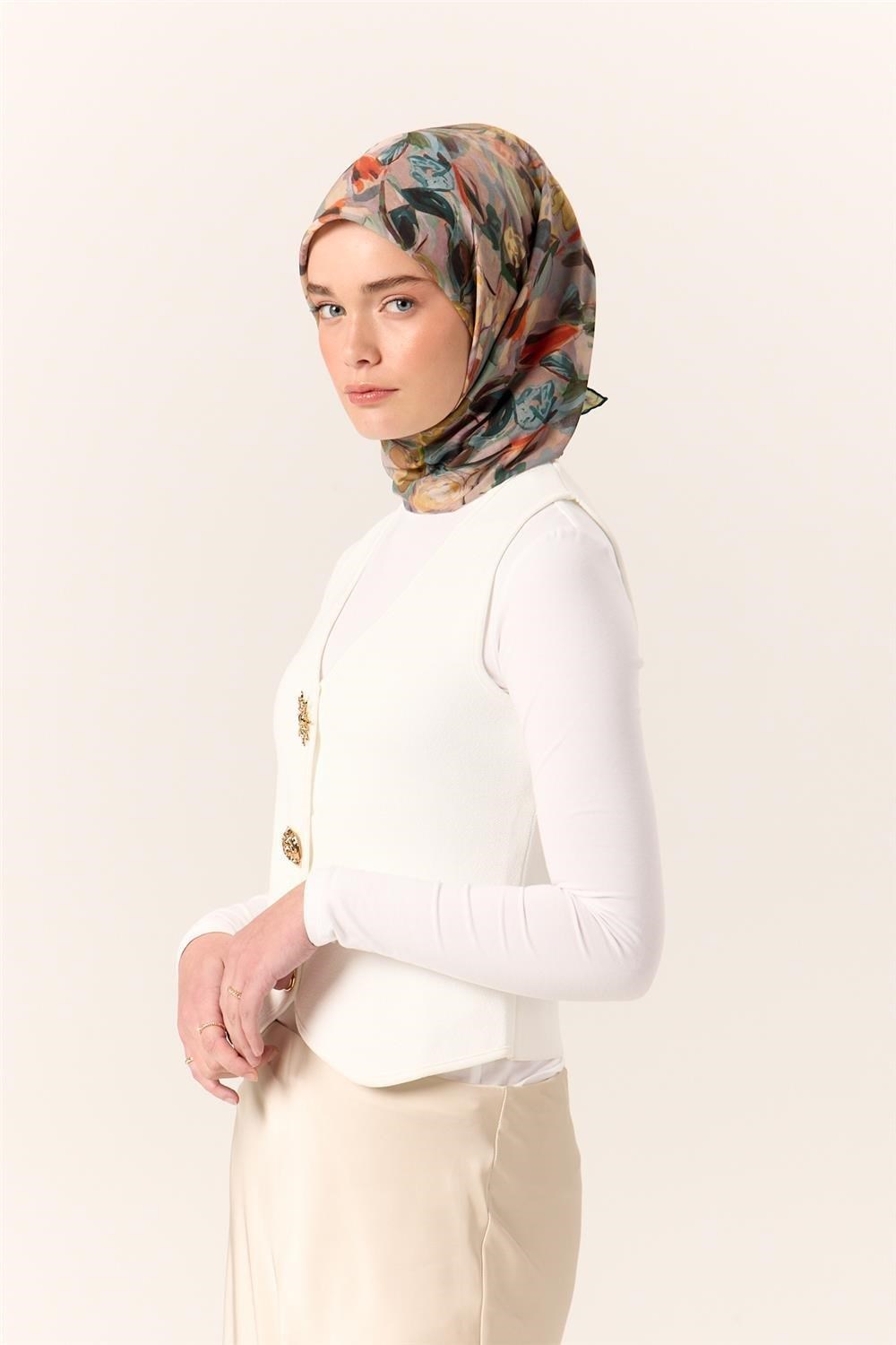 İnce Pamuk Soft Eşarp Turuncu-Fıstık Yeşili Desenli Kaymaz Dokulu Tok Duruşlu 90x90