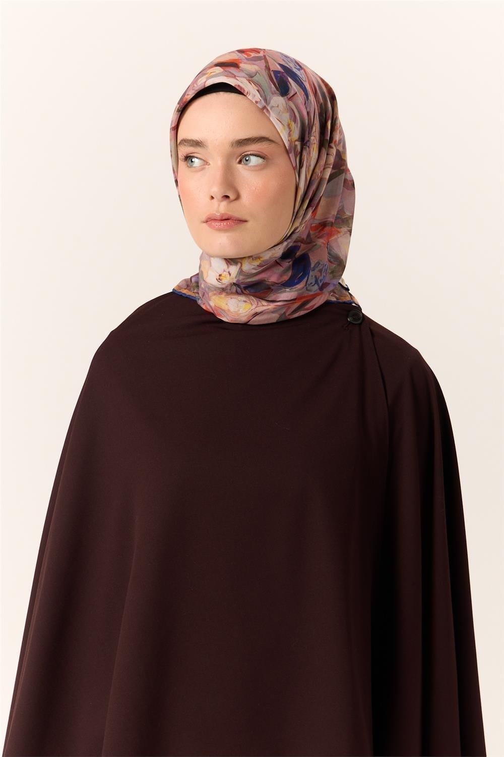 İnce Pamuk Soft Eşarp Turuncu-Pembe Desenli Kaymaz Dokulu Tok Duruşlu 90x90