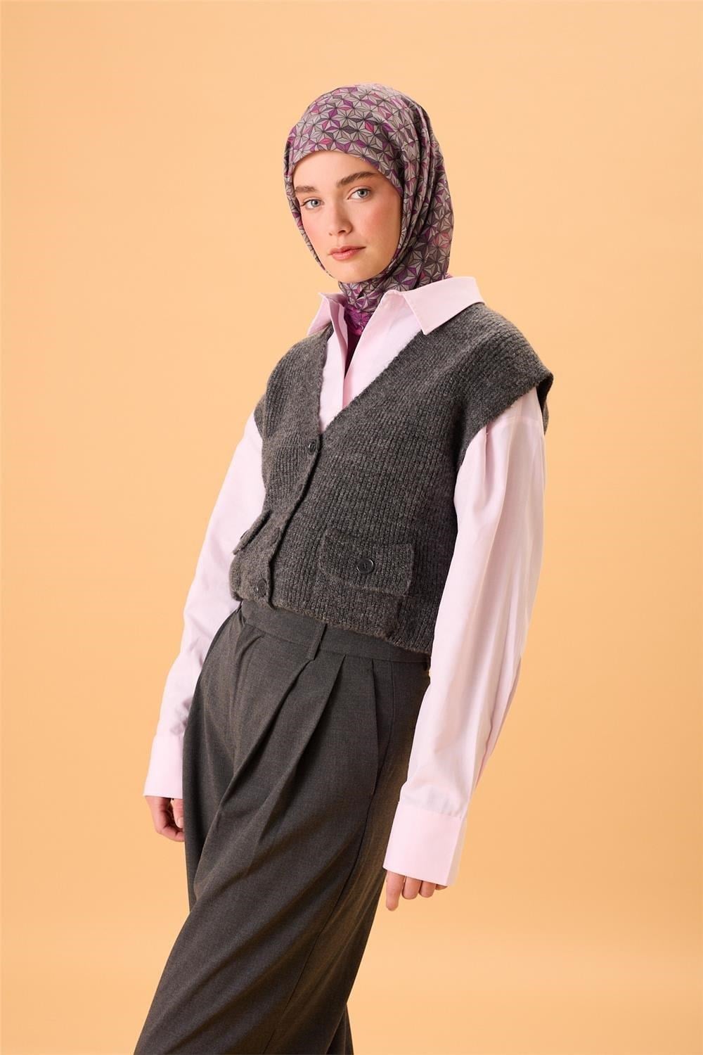 İnce Pamuk Soft Eşarp Violet Koyu Vizon Krem Pembe Desenli Kaymaz Dokulu Tok Duruşlu 90x90