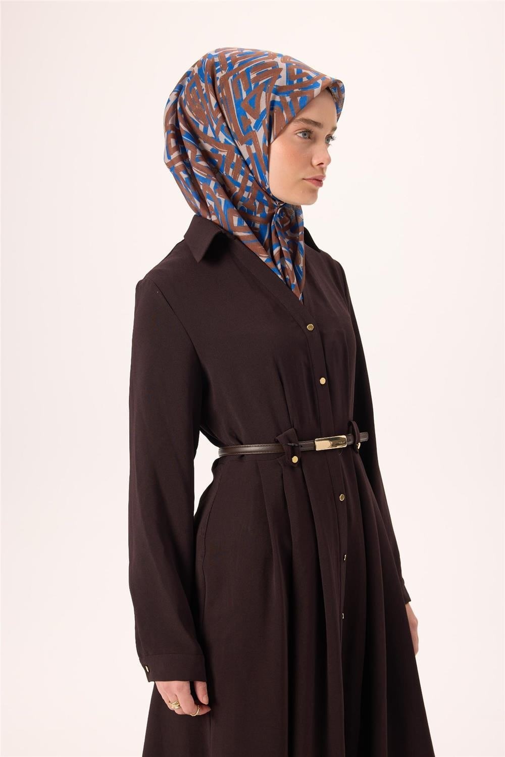 İnce Pamuk Soft Eşarp Vizon Kahverengi Saks Desenli Nefes Alan 90x90