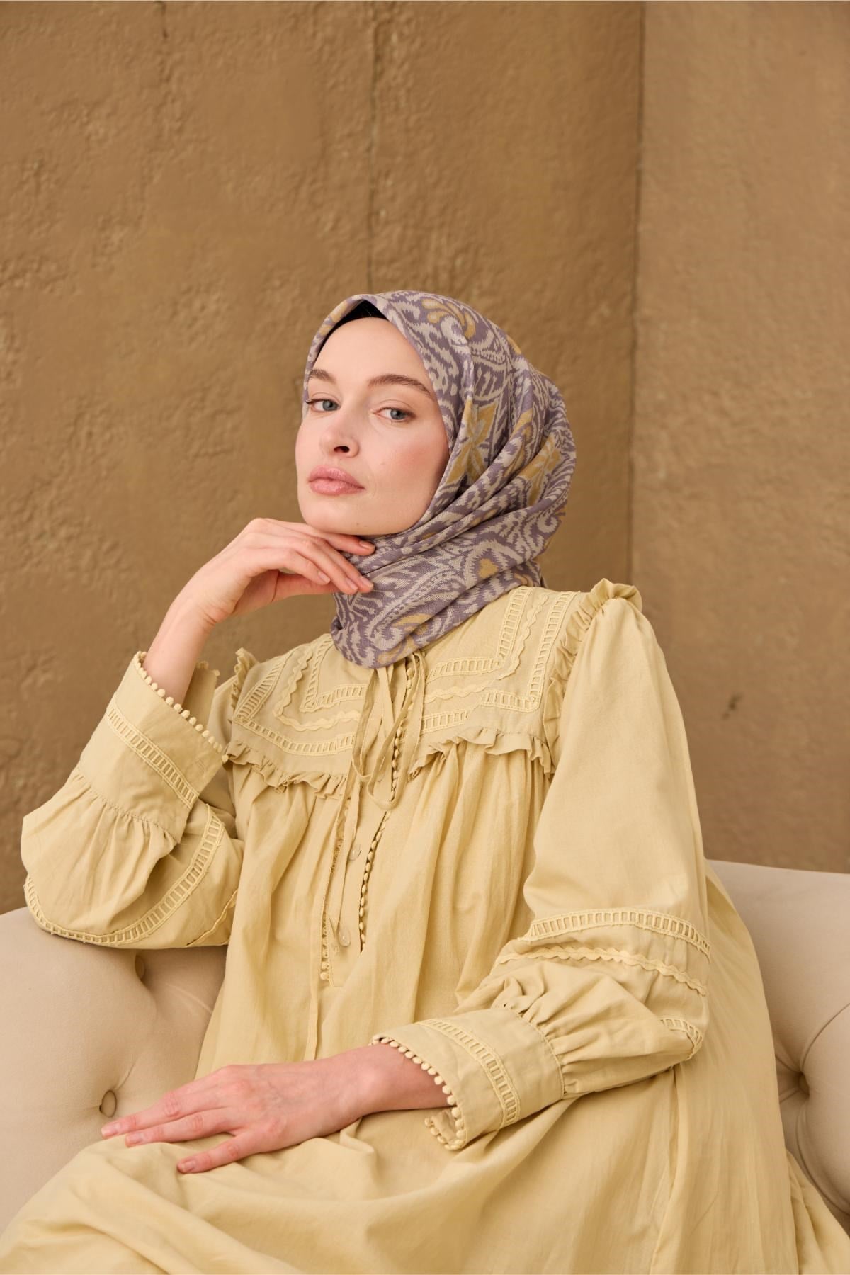 İnce Pamuk Soft Eşarp Vizon-Koyu Vizon-Hardal Desenli Nefes Alan Tok Duruşlu 90x90