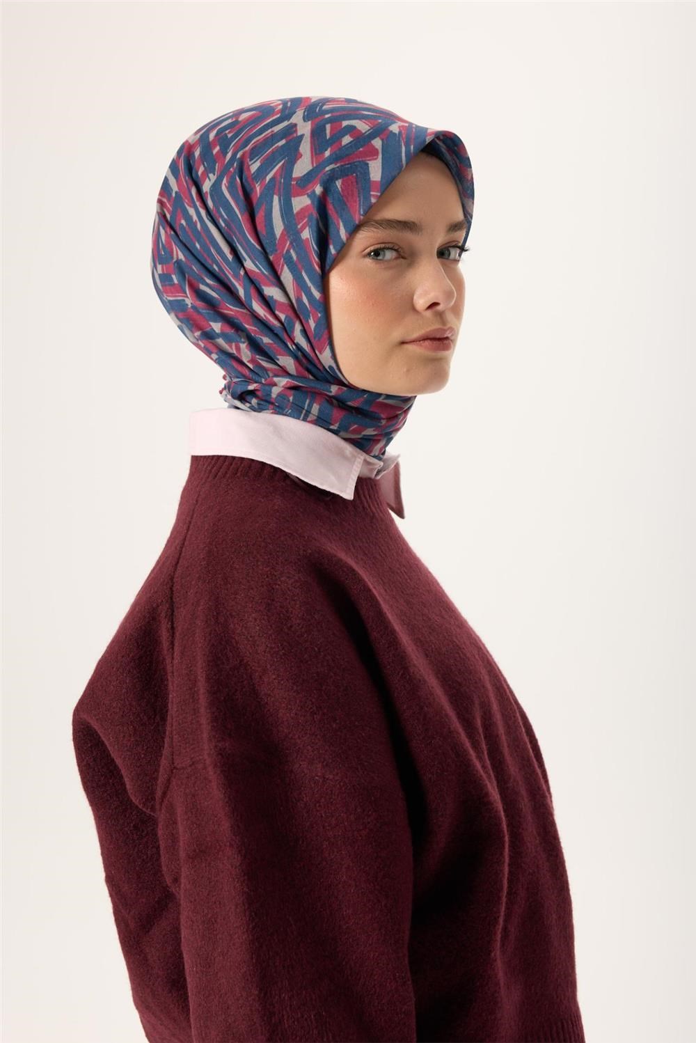 İnce Pamuk Soft Eşarp Vizon Lacivert Vişne Çürüğü Desenli Nefes Alan 90x90
