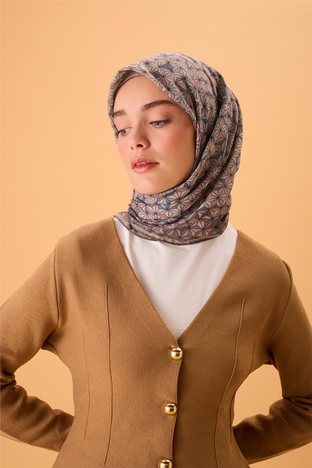 İnce Pamuk Soft Eşarp Vizon-Pembe Geometrik Desenli Tok Duruşlu 90x90