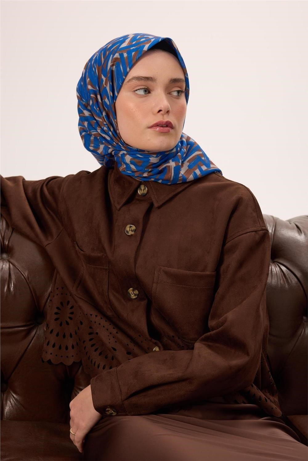 İnce Pamuk Soft Eşarp Vizon Saks Desenli Nefes Alan 90x90