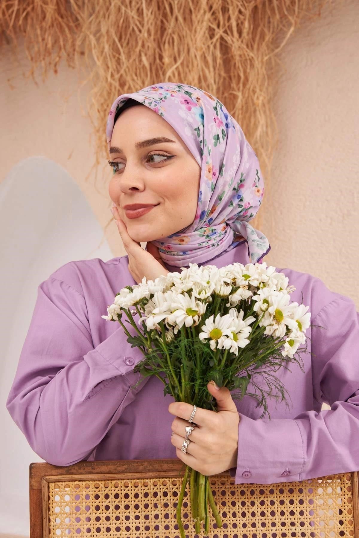 İpekhan Flowers Serisi Mor Pamuk Viskon Eşarp 1123-09